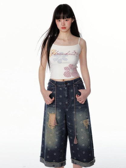 chaoschaos Cat Paw Print Washed Distressed Women&