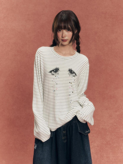 chaoschaos Eye Print Rhinestone Striped Loose Fit Women&