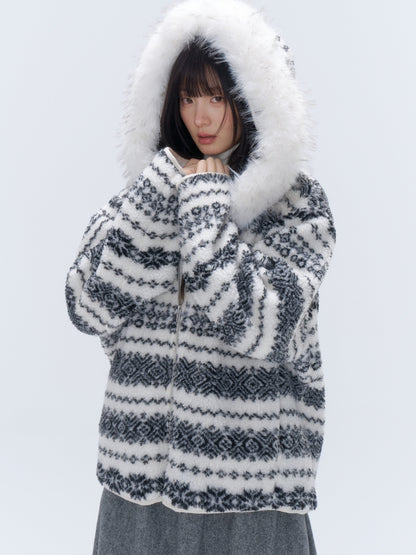 chaoschaos_Fair_Isle_Jacquard_Detachable_Fur_Trim_Hooded_Loose_Women&