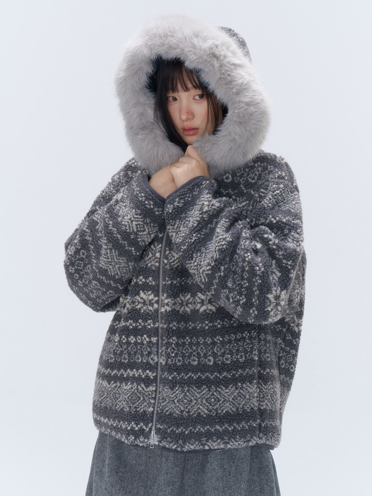 chaoschaos_Fair_Isle_Jacquard_Detachable_Fur_Trim_Hooded_Loose_Women&