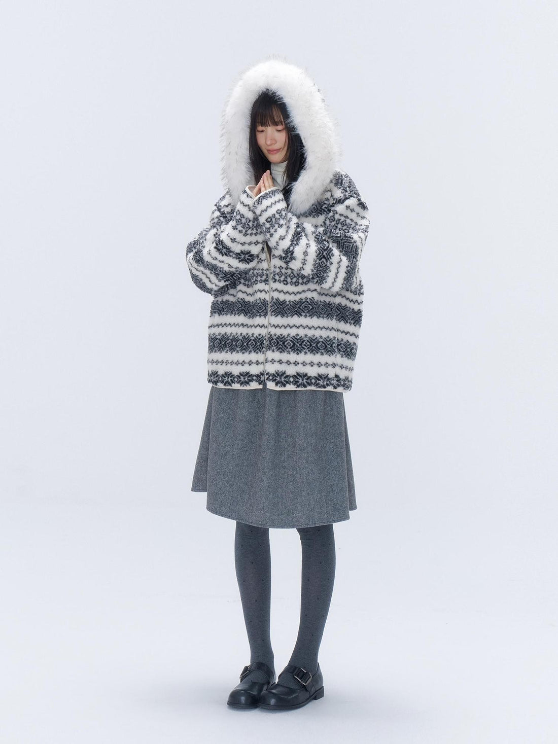 chaoschaos Fair Isle Jacquard Detachable Fur Trim Hooded Loose Women&