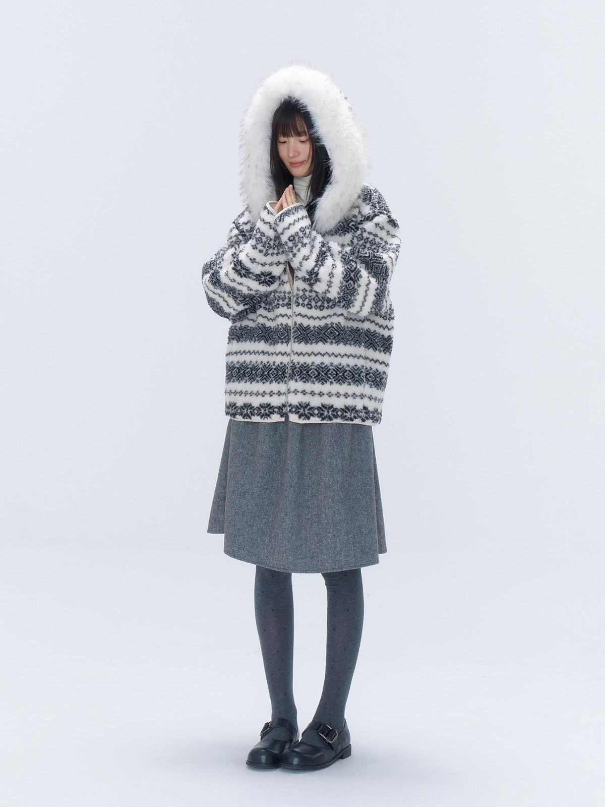 chaoschaos Fair Isle Jacquard Detachable Fur Trim Hooded Loose Women&