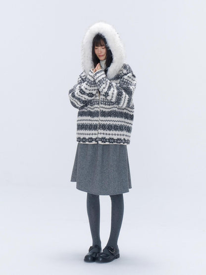chaoschaos Fair Isle Jacquard Detachable Fur Trim Hooded Loose Women&