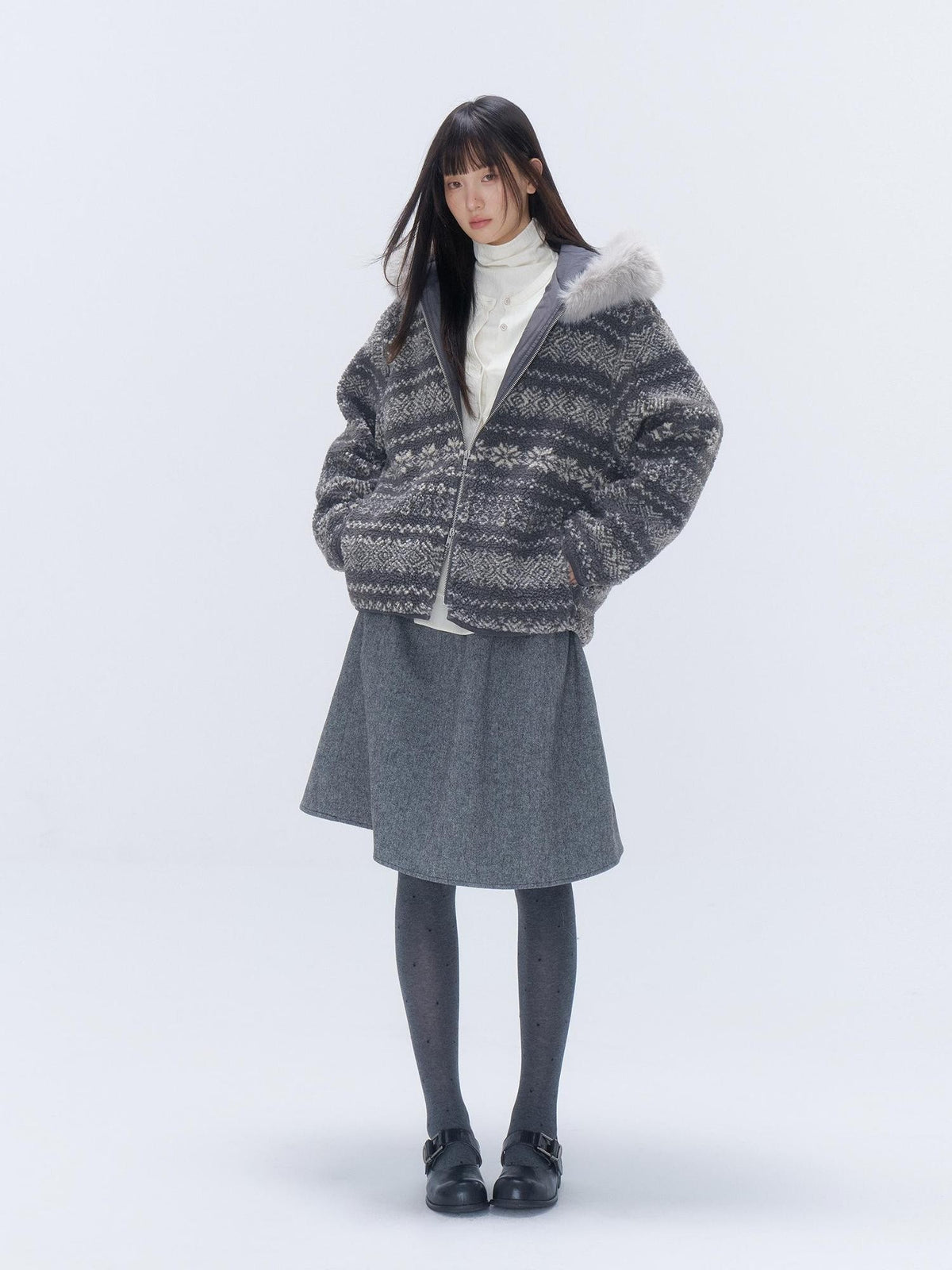chaoschaos Fair Isle Jacquard Detachable Fur Trim Hooded Loose Women&
