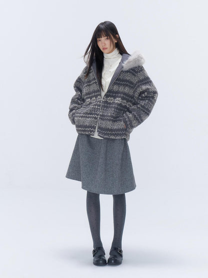chaoschaos Fair Isle Jacquard Detachable Fur Trim Hooded Loose Women&