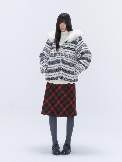 chaoschaos Fair Isle Jacquard Detachable Fur Trim Hooded Loose Women&