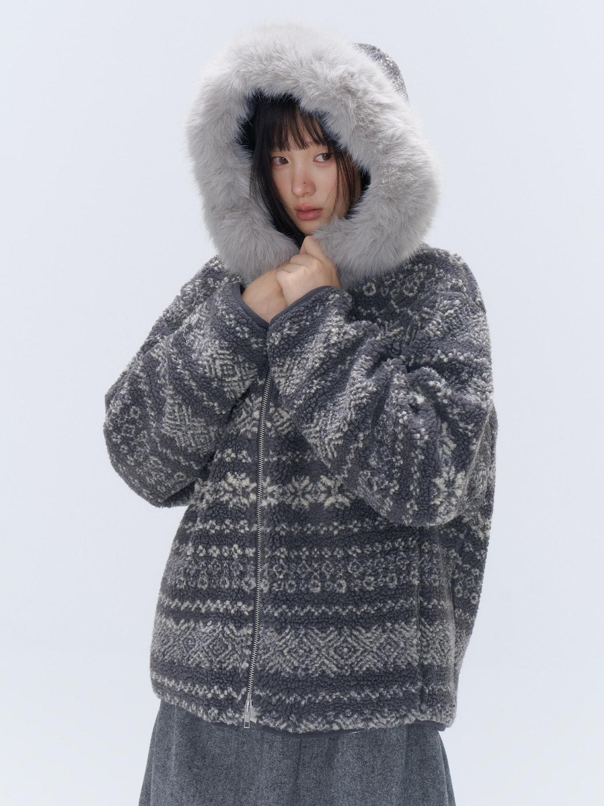 chaoschaos Fair Isle Jacquard Detachable Fur Trim Hooded Loose Women&