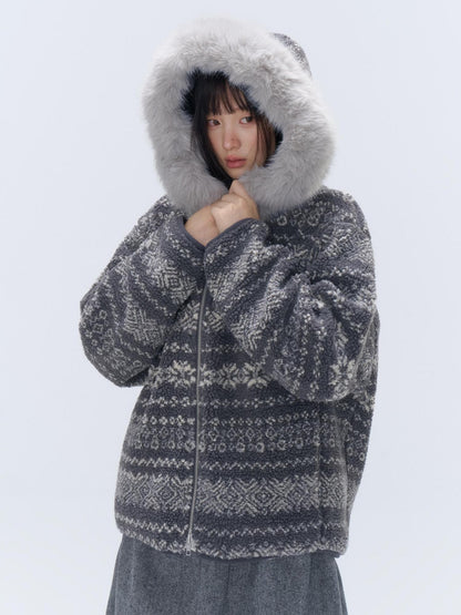 chaoschaos Fair Isle Jacquard Detachable Fur Trim Hooded Loose Women&
