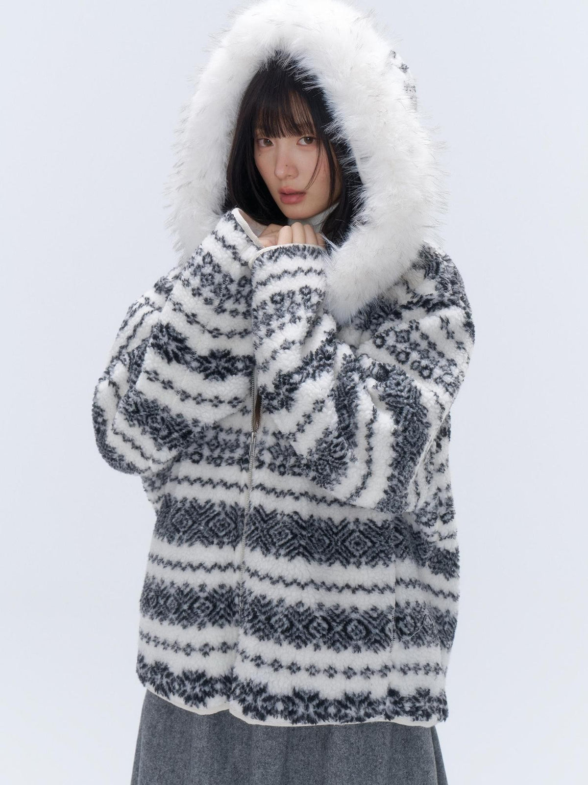 chaoschaos Fair Isle Jacquard Detachable Fur Trim Hooded Loose Women&