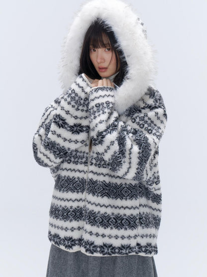 chaoschaos Fair Isle Jacquard Detachable Fur Trim Hooded Loose Women&
