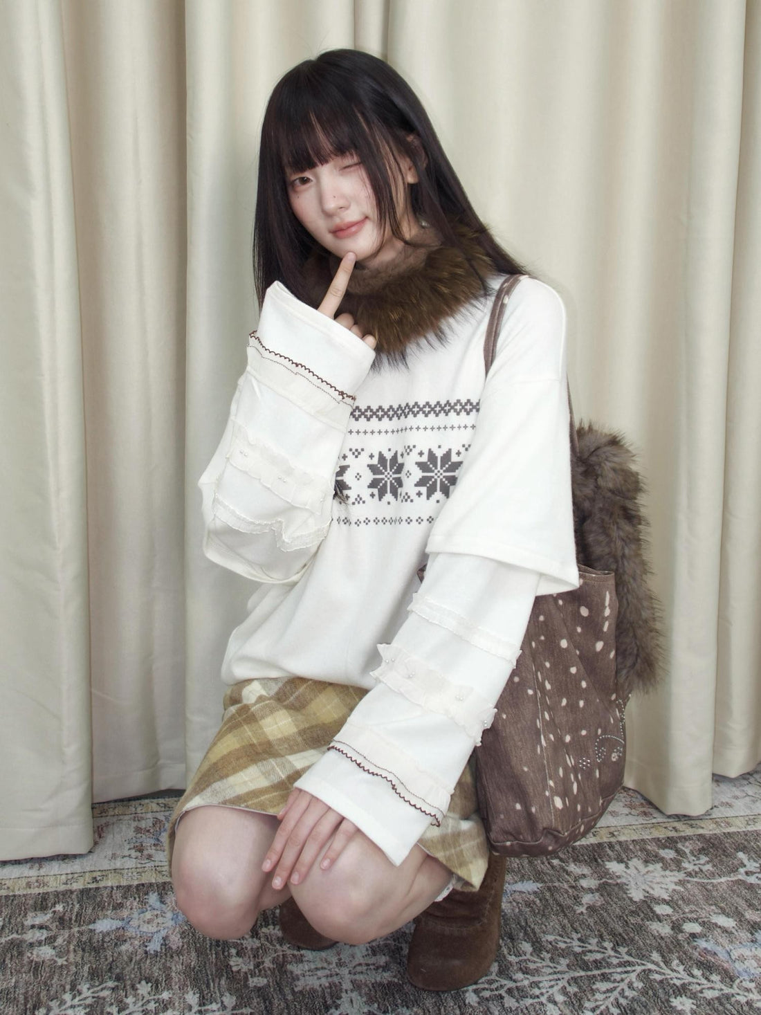 chaoschaos Fair Isle Print Faux Layered Ruffle Loose Women&