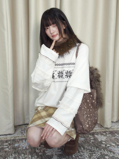 chaoschaos Fair Isle Print Faux Layered Ruffle Loose Women&