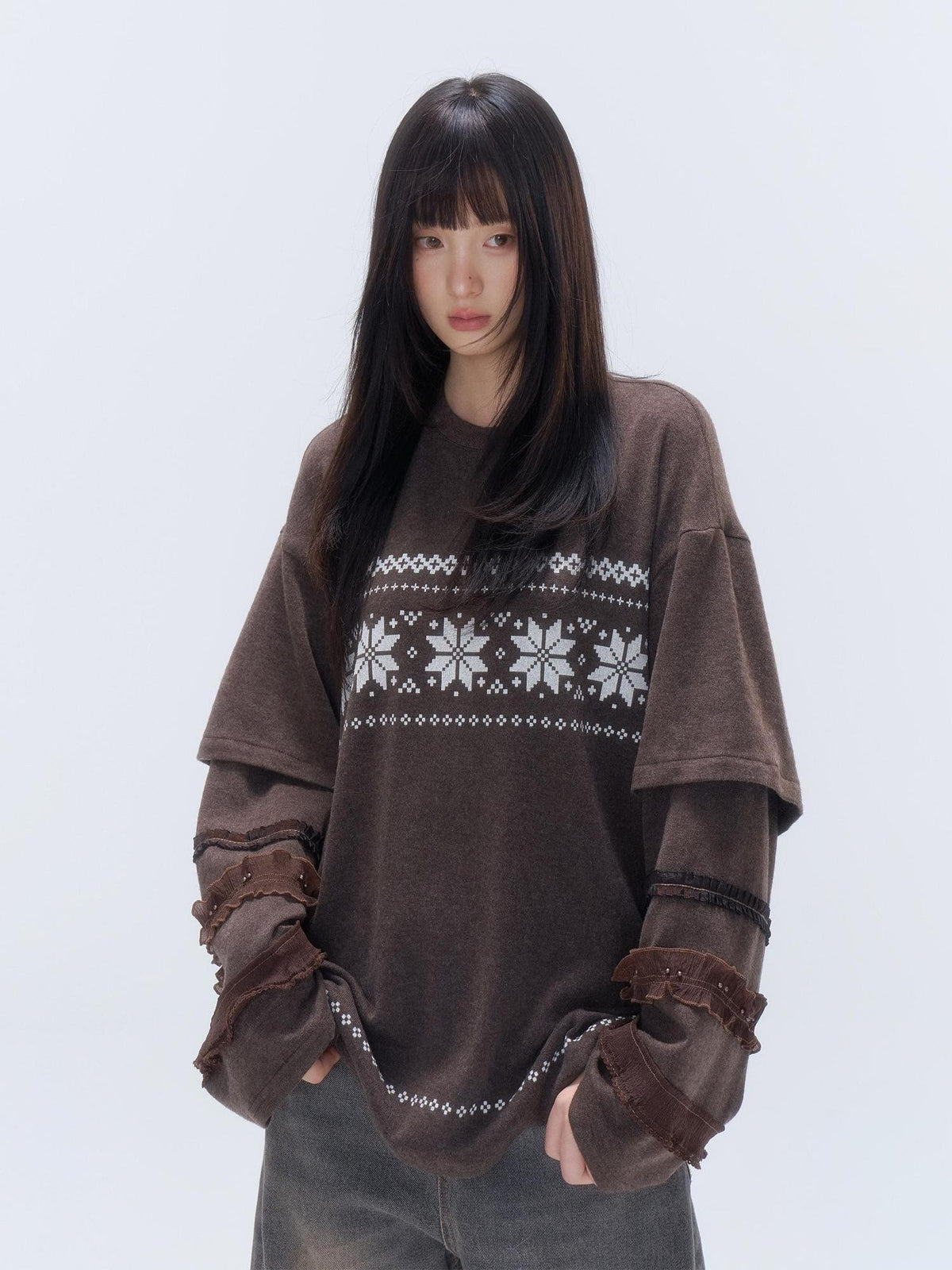 chaoschaos Fair Isle Print Faux Layered Ruffle Loose Women&