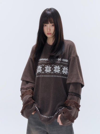 chaoschaos Fair Isle Print Faux Layered Ruffle Loose Women&