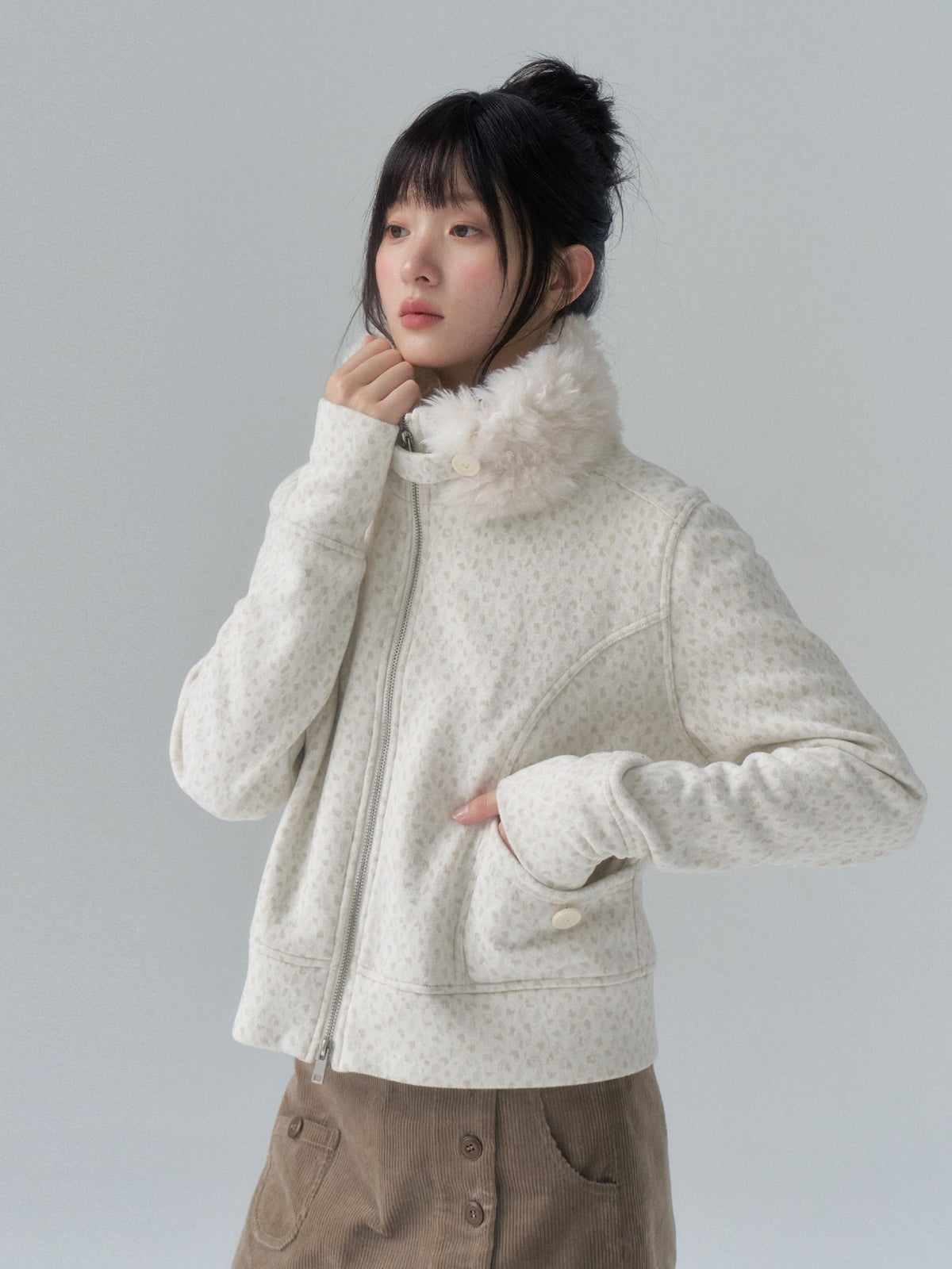 chaoschaos Fleece Stand Collar Drop Shoulder Slimming Women&