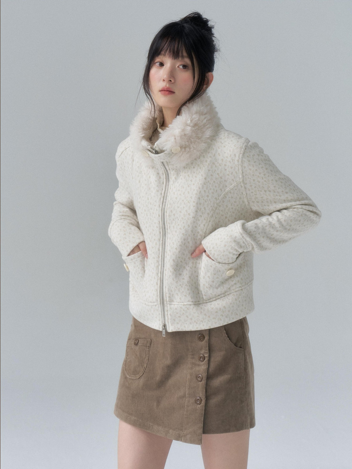 chaoschaos Fleece Stand Collar Drop Shoulder Slimming Women&
