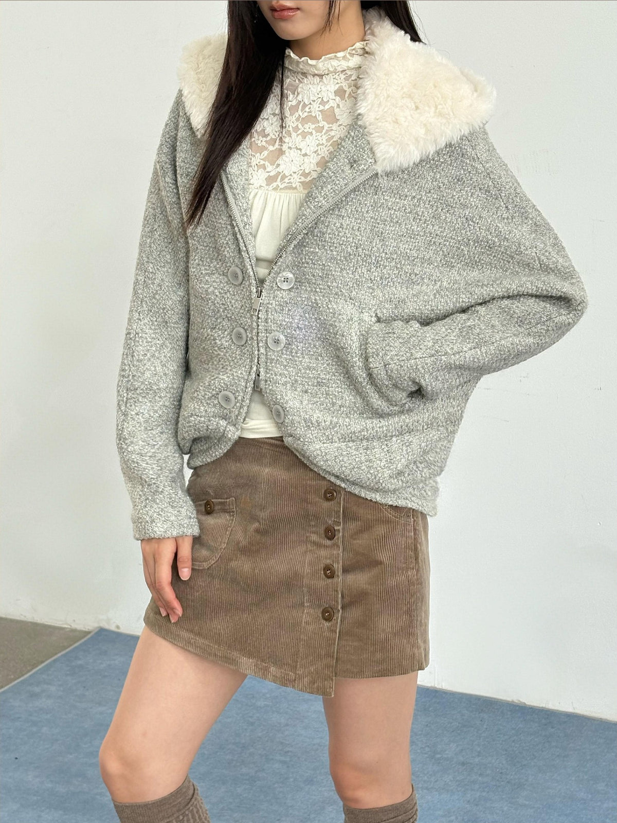 chaoschaos Hooded Zip Up Thick Relaxed Fit Wool Blend Women&