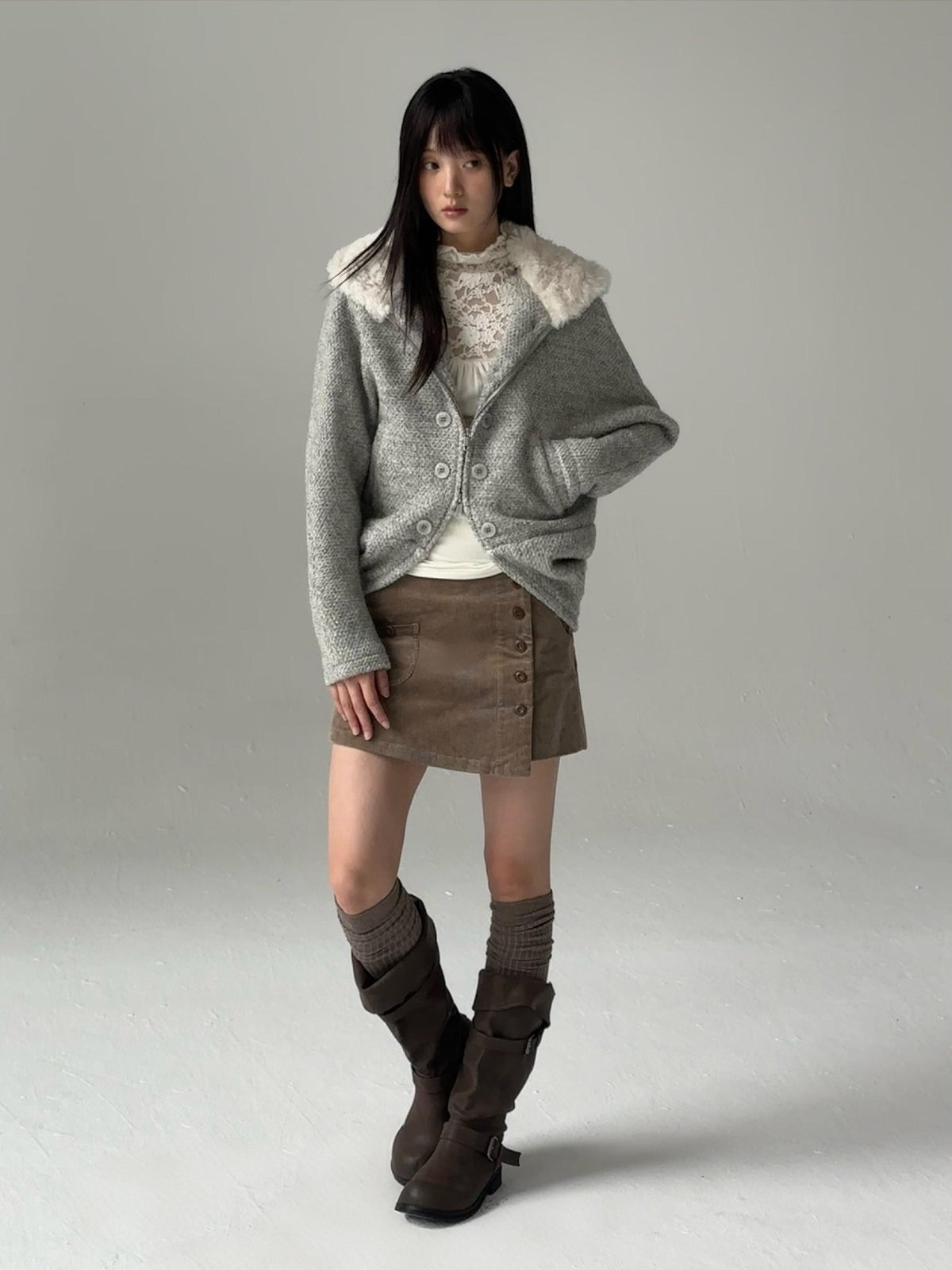 chaoschaos Hooded Zip Up Thick Relaxed Fit Wool Blend Women&