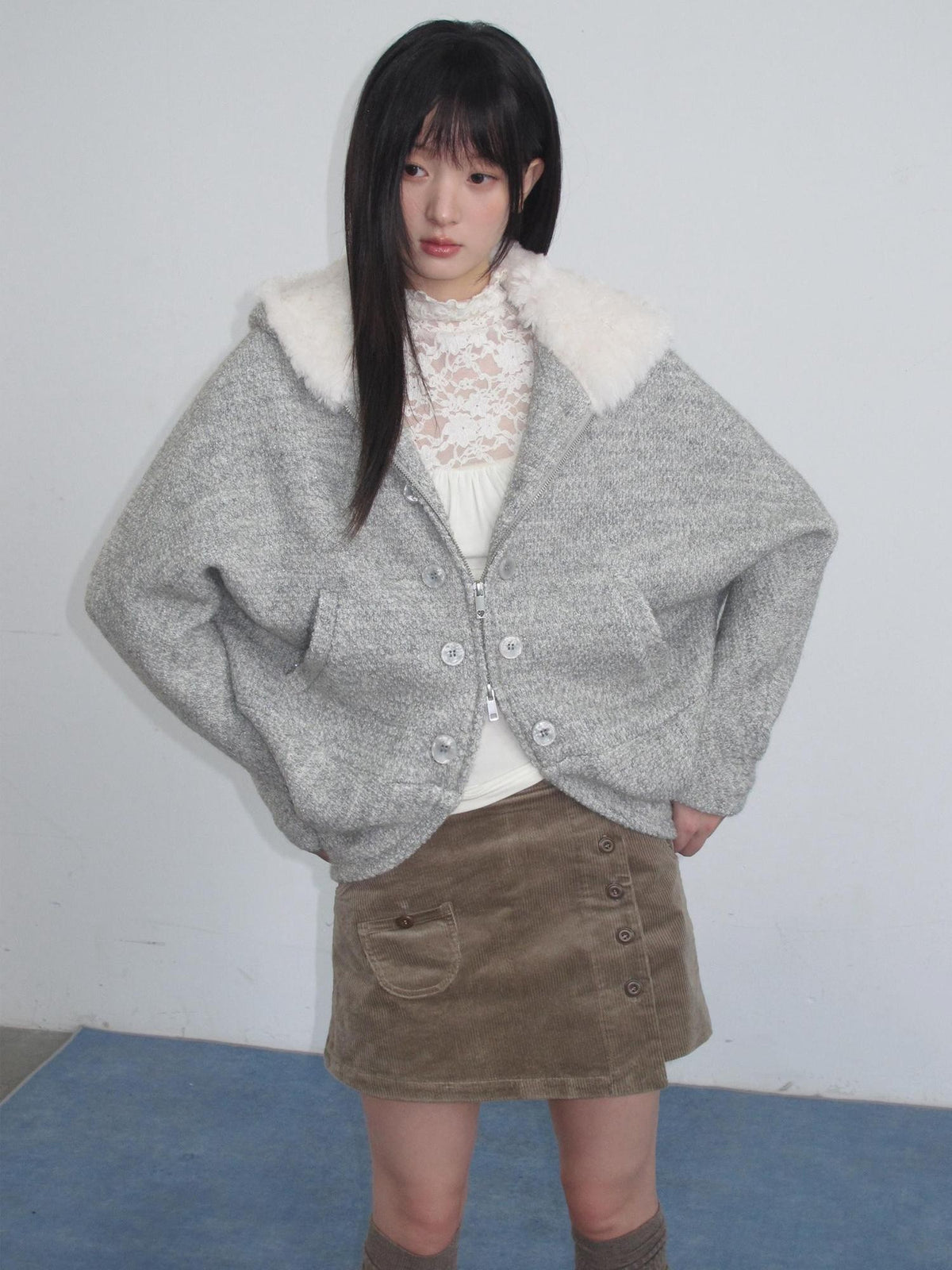 chaoschaos Hooded Zip Up Thick Relaxed Fit Wool Blend Women&