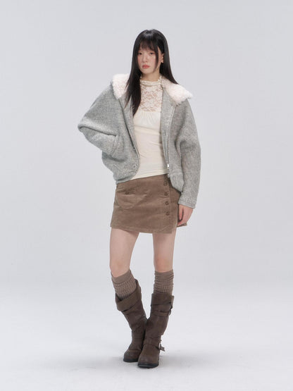 chaoschaos Hooded Zip Up Thick Relaxed Fit Wool Blend Women&