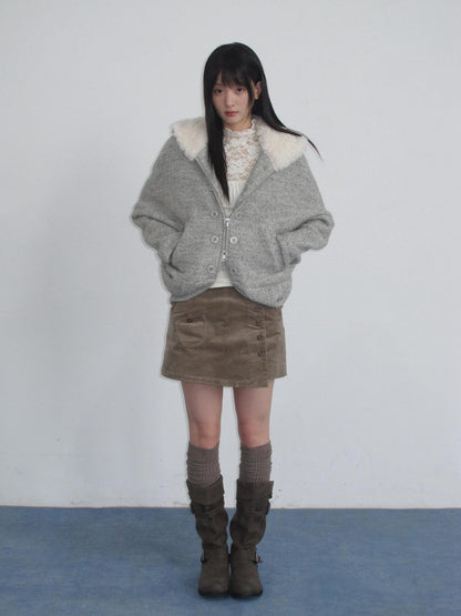 chaoschaos Hooded Zip Up Thick Relaxed Fit Wool Blend Women&