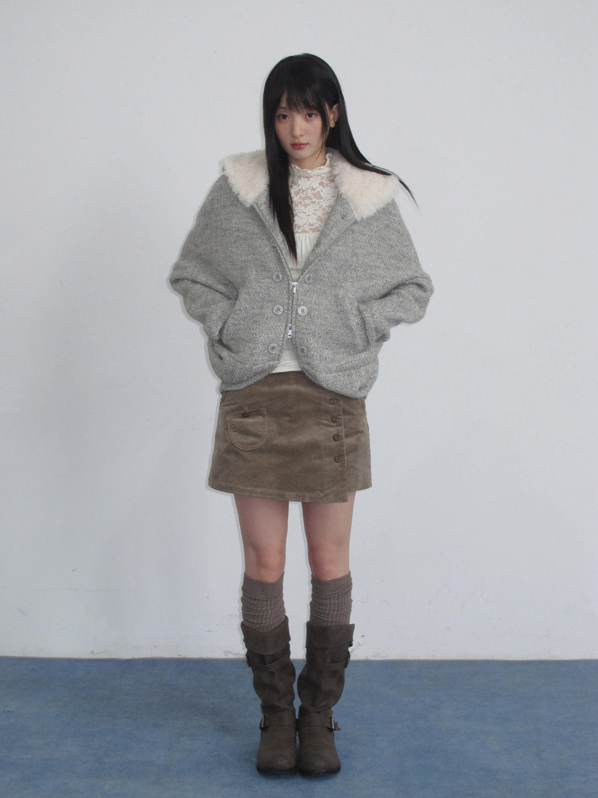 chaoschaos Hooded Zip Up Thick Relaxed Fit Wool Blend Women&