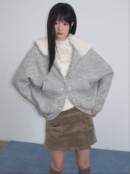 chaoschaos Hooded Zip Up Thick Relaxed Fit Wool Blend Women&