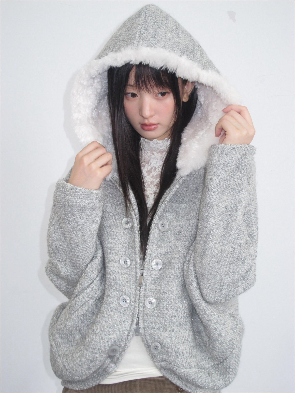 chaoschaos Hooded Zip Up Thick Relaxed Fit Wool Blend Women&