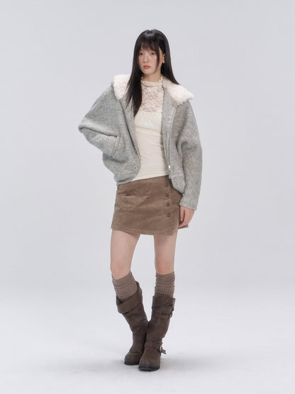 chaoschaos Hooded Zip Up Thick Relaxed Fit Wool Blend Women&