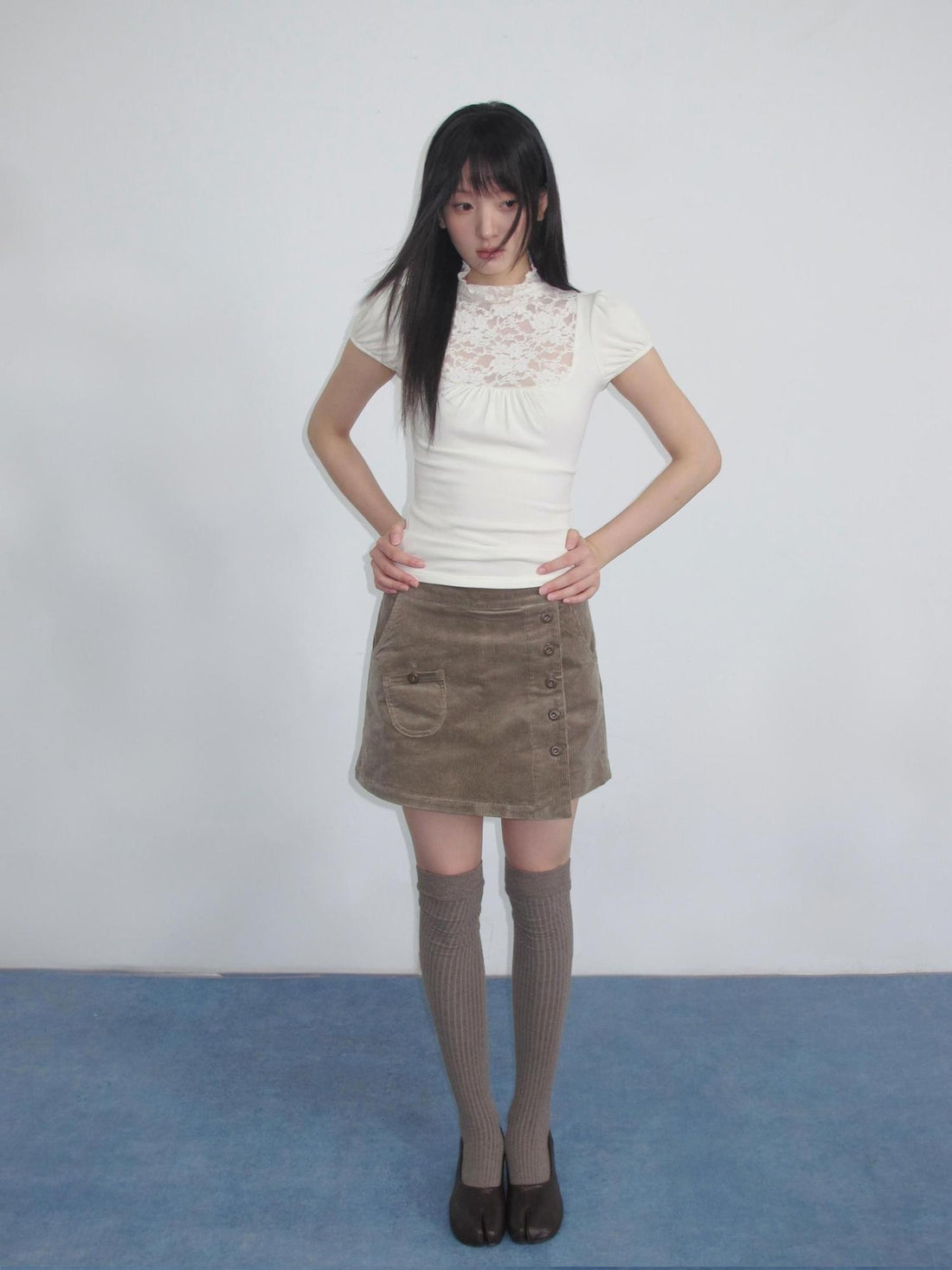chaoschaos Lace Spliced High Neck Ruched Hollow Out Women&