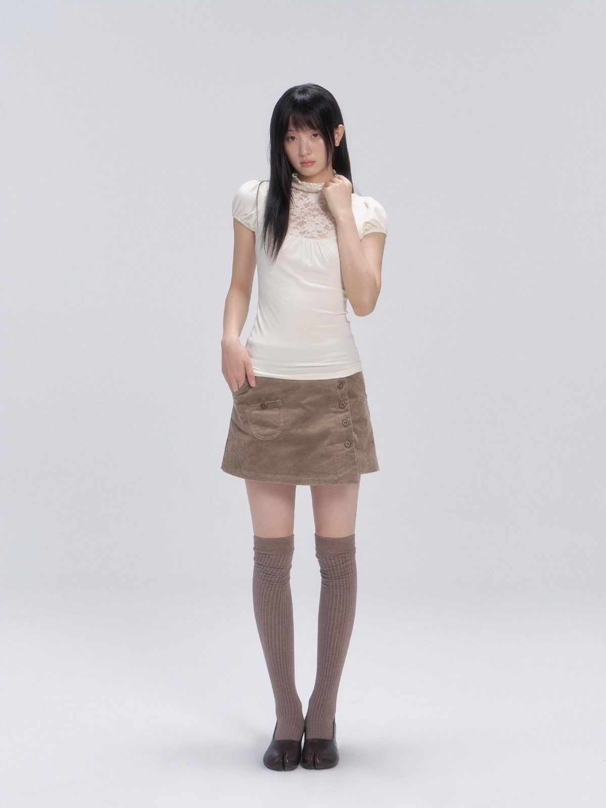 chaoschaos Lace Spliced High Neck Ruched Hollow Out Women&