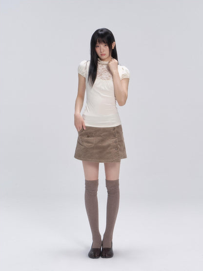 chaoschaos Lace Spliced High Neck Ruched Hollow Out Women&