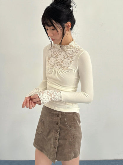 chaoschaos Lace Spliced High Neck Ruched Hollow Out Women&