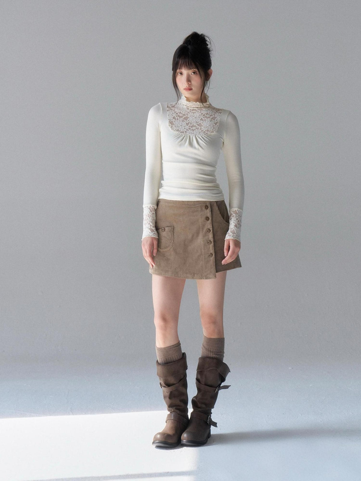 chaoschaos Lace Spliced High Neck Ruched Hollow Out Women&
