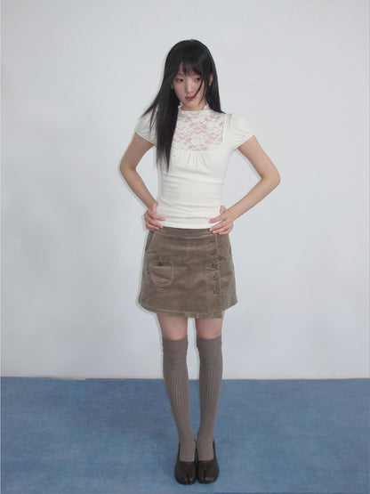 chaoschaos Lace Spliced High Neck Ruched Hollow Out Women&