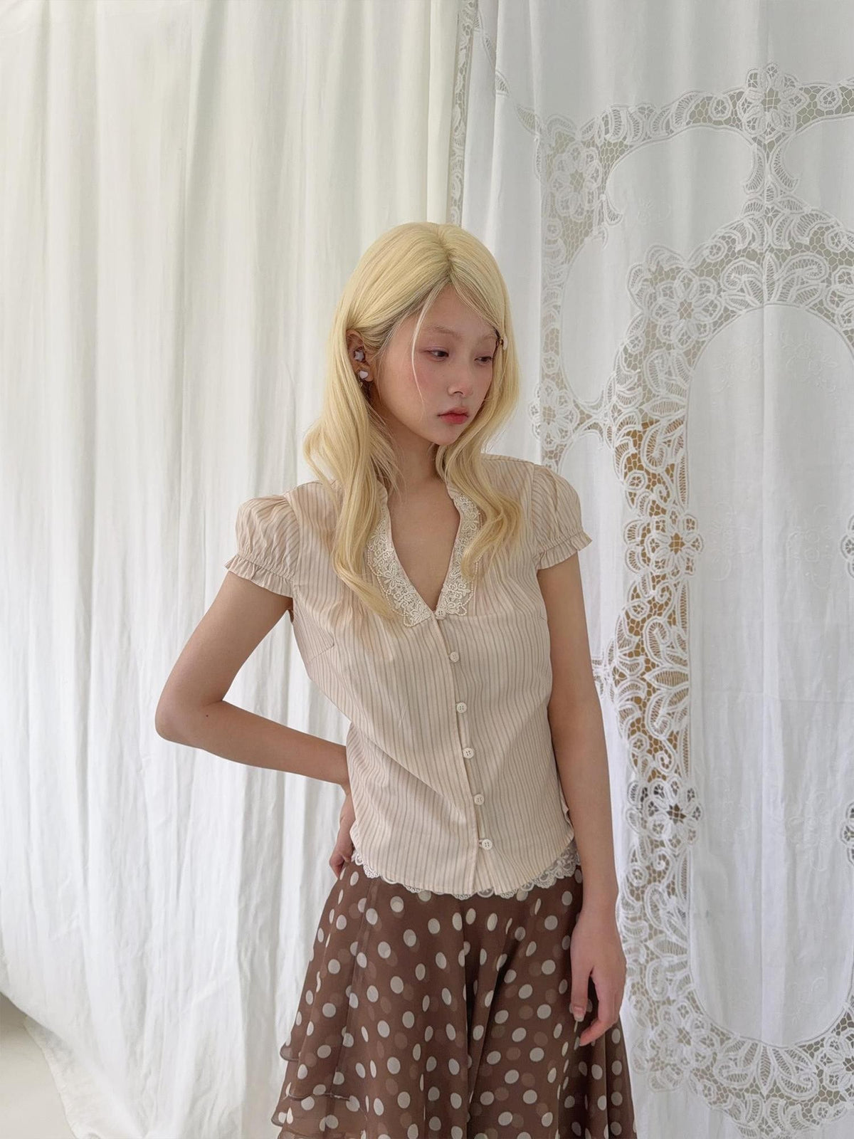 chaoschaos Lace V-neck Striped Lyocell Women&
