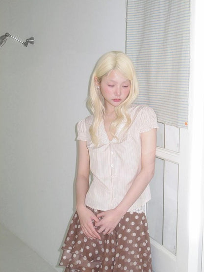chaoschaos Lace V-neck Striped Lyocell Women&