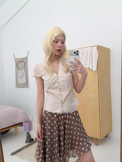 chaoschaos Lace V-neck Striped Lyocell Women&