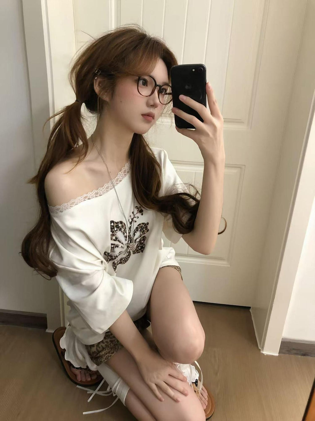 chaoschaos Leopard Floral Rhinestone Lace Short Sleeve Women&