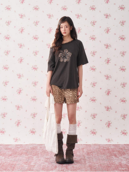chaoschaos Leopard Floral Rhinestone Lace Short Sleeve Women&