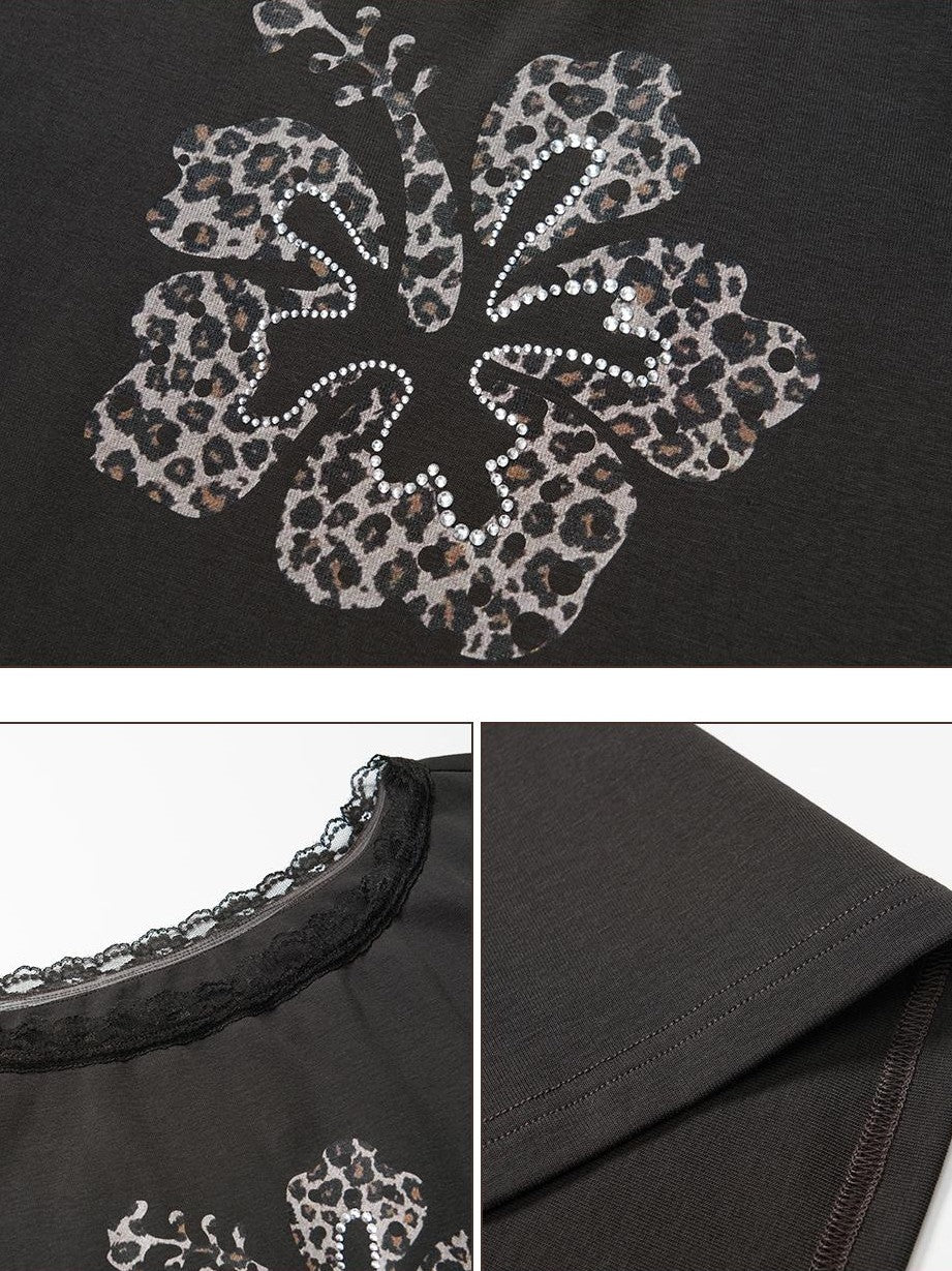 chaoschaos Leopard Floral Rhinestone Lace Short Sleeve Women&