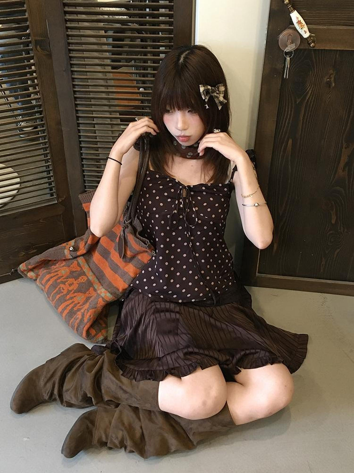chaoschaos Leopard Polka Dot Print Fly Sleeve Slim Fit Tencel Women&
