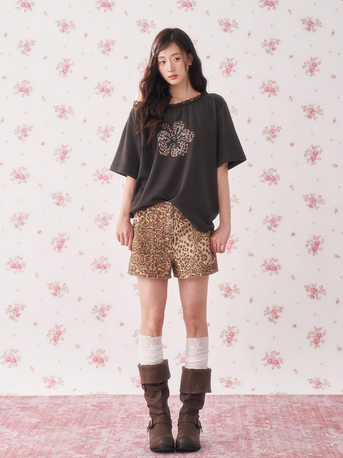chaoschaos Leopard Print Distressed Low Waist Cotton Women&
