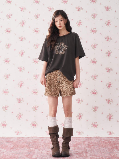 chaoschaos Leopard Print Distressed Low Waist Cotton Women&