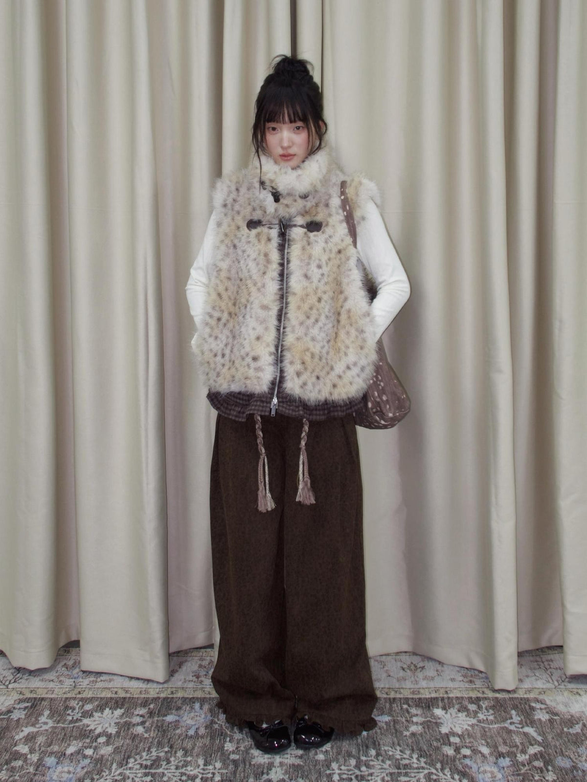 chaoschaos Leopard Print Faux Fur Lace Trim Reversible Women&