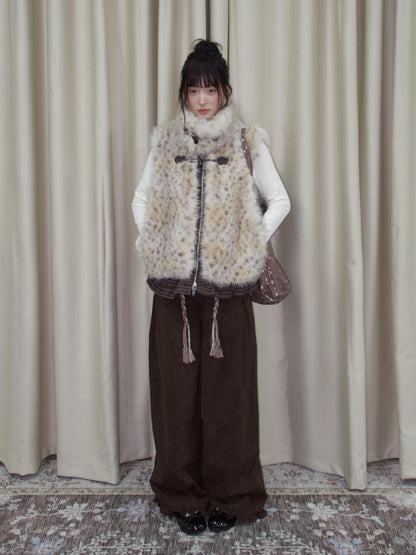 chaoschaos Leopard Print Faux Fur Lace Trim Reversible Women&