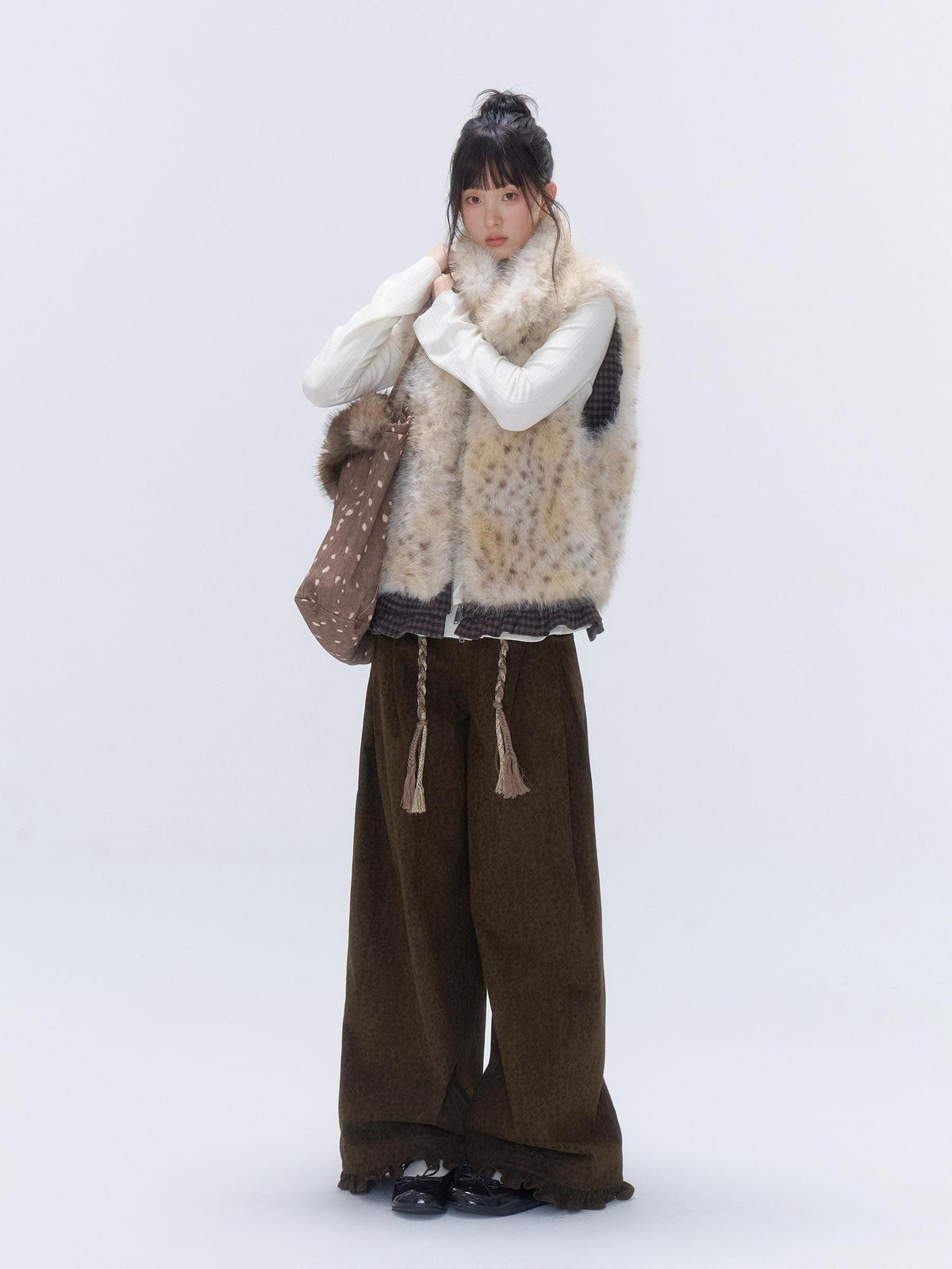 chaoschaos Leopard Print Faux Fur Lace Trim Reversible Women&