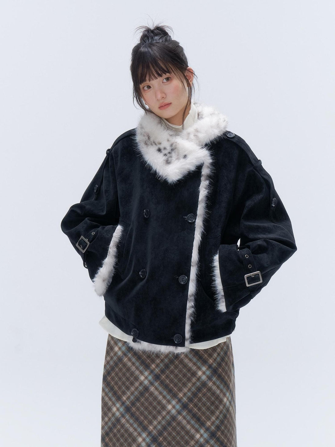 chaoschaos Leopard Print Faux Fur Trim Pu Leather Women&