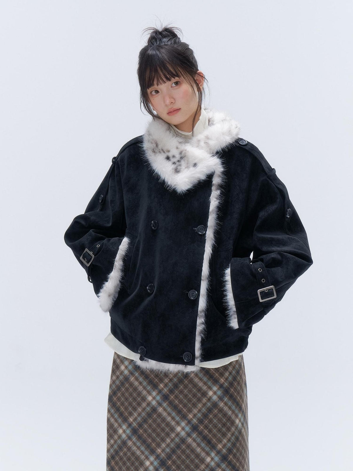 chaoschaos Leopard Print Faux Fur Trim Pu Leather Women&