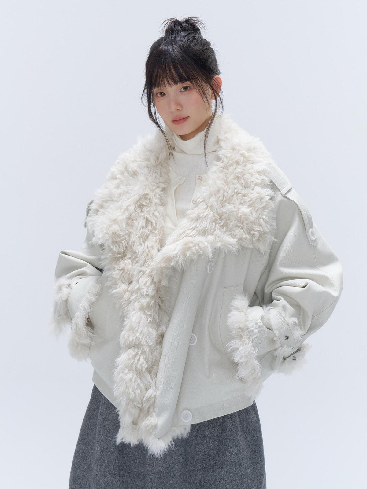 chaoschaos Leopard Print Faux Fur Trim Pu Leather Women&